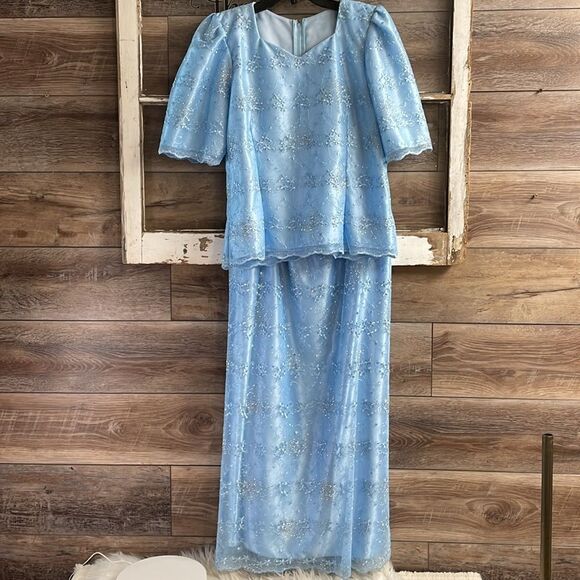 Creative Touch Evening Wear Maxi Skirt Set, Powder Blue , Floral Lace, Size S - Picture 9 of 14